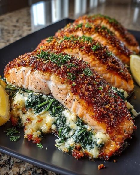 Creamy Spinach Stuffed Salmon with a crispy herb crust