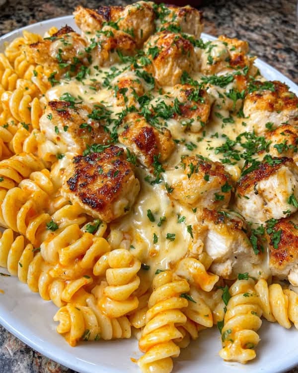 Delicious creamy garlic butter chicken pasta recipe served on a white plate.