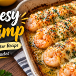Cheesy Garlic Butter Shrimp baked with melted cheese, garlic butter sauce, and fresh parsley