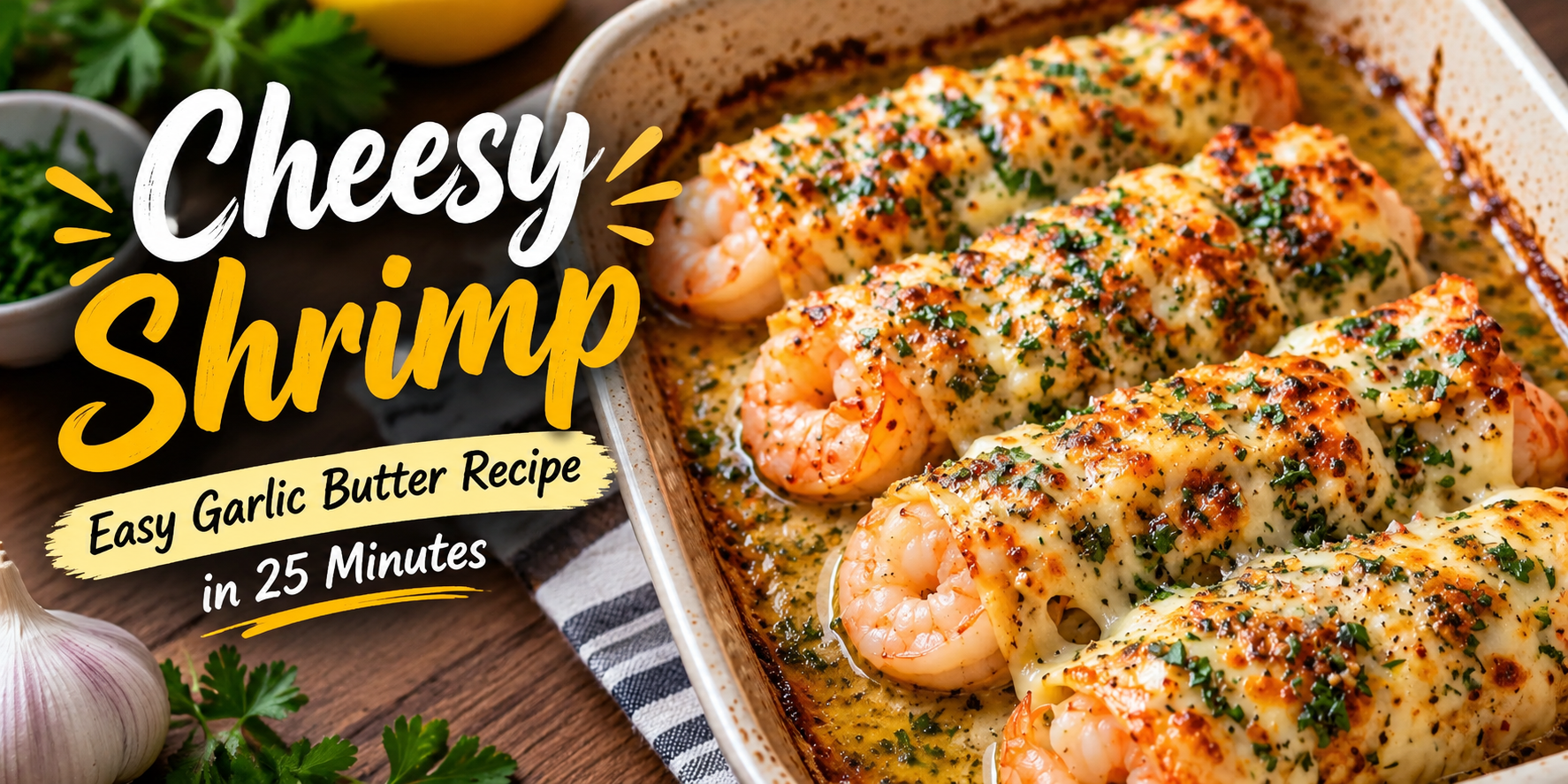 Cheesy Garlic Butter Shrimp baked with melted cheese, garlic butter sauce, and fresh parsley