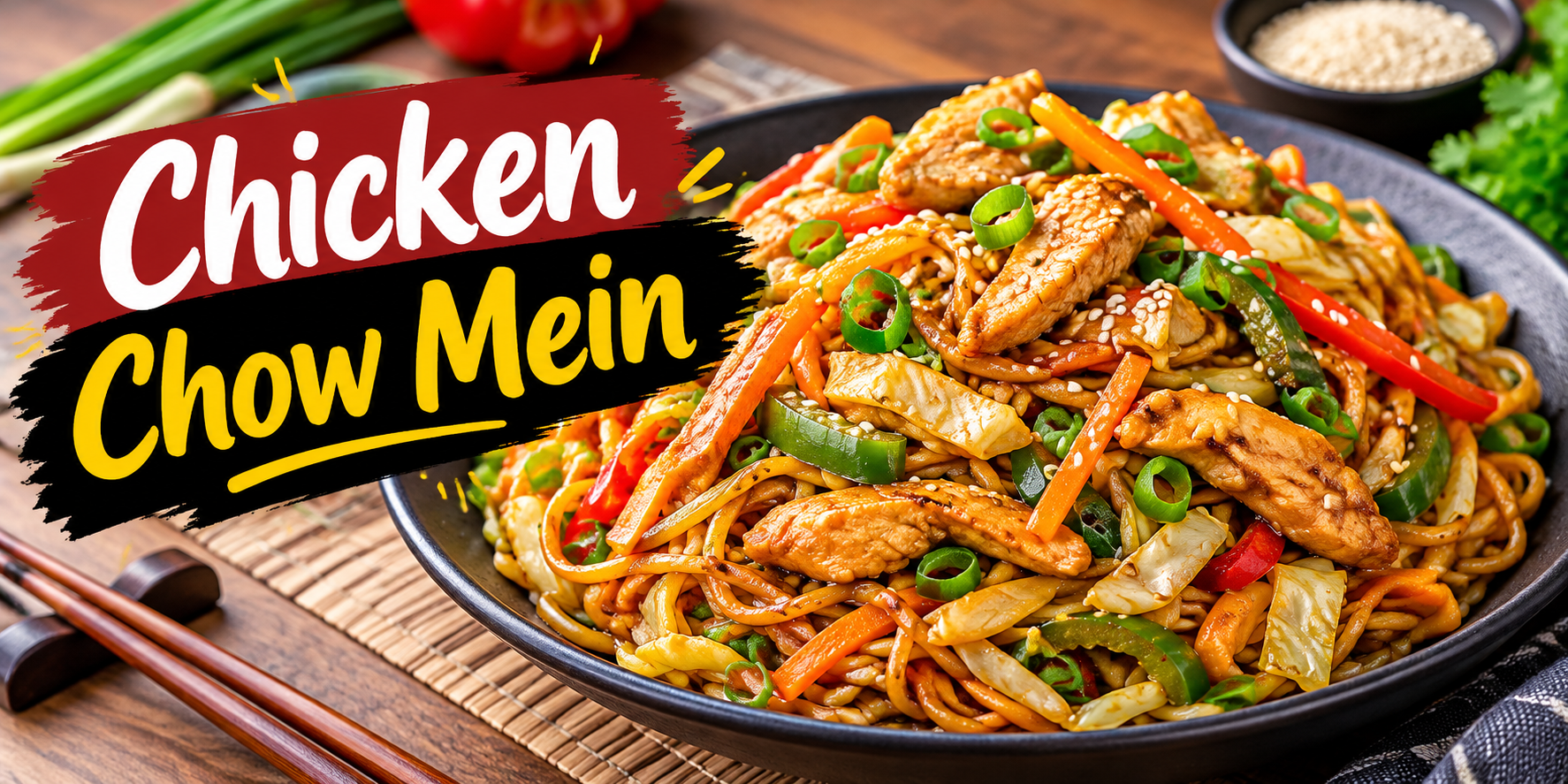 Chicken Chow Mein with tender chicken, noodles, and fresh vegetables