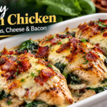 Creamy Spinach Chicken with mushrooms, melted cheese, and crispy bacon in a creamy sauce