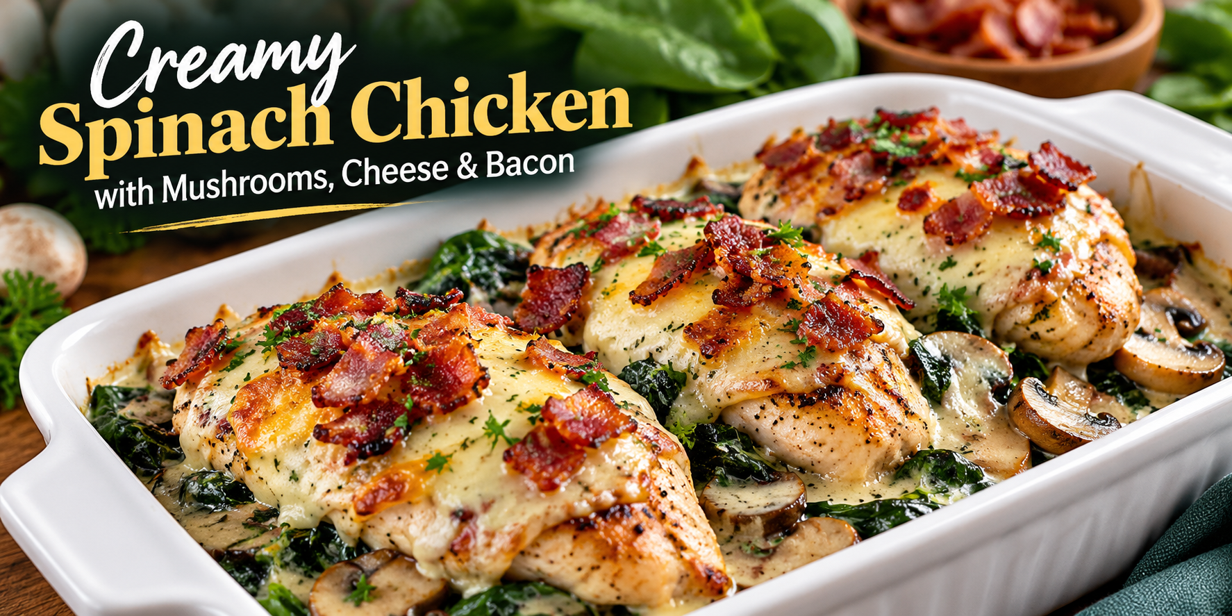 Creamy Spinach Chicken with mushrooms, melted cheese, and crispy bacon in a creamy sauce