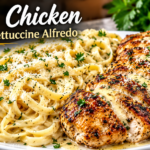 Garlic chicken with creamy fettuccine Alfredo pasta and Parmesan sauce.