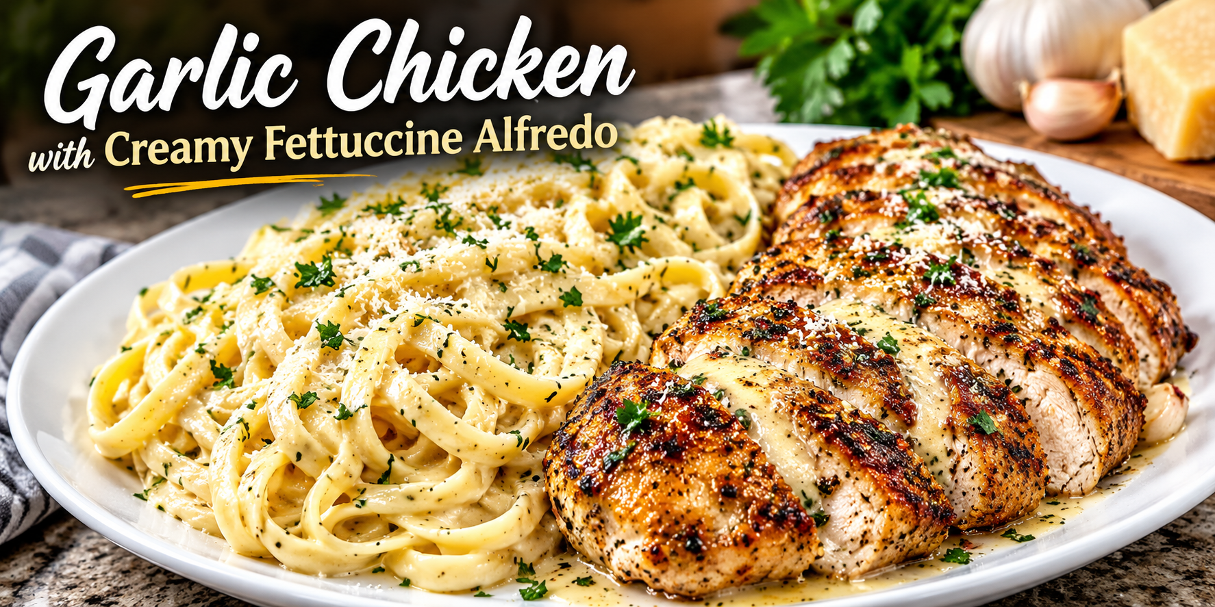 Garlic chicken with creamy fettuccine Alfredo pasta and Parmesan sauce.