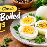 Perfect classic hard boiled eggs on a plate