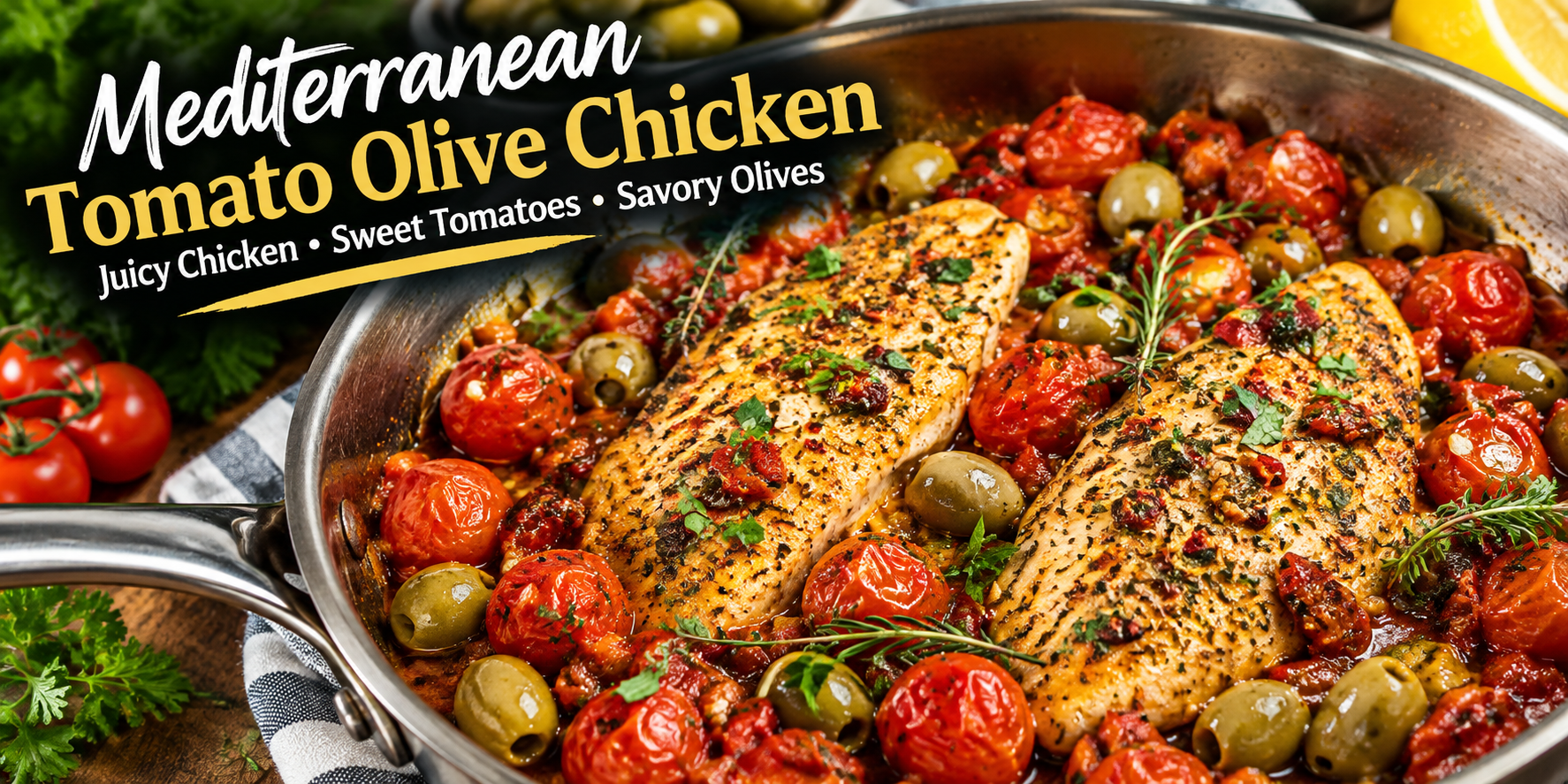 Mediterranean tomato olive chicken with cherry tomatoes, green olives, and fresh herbs.