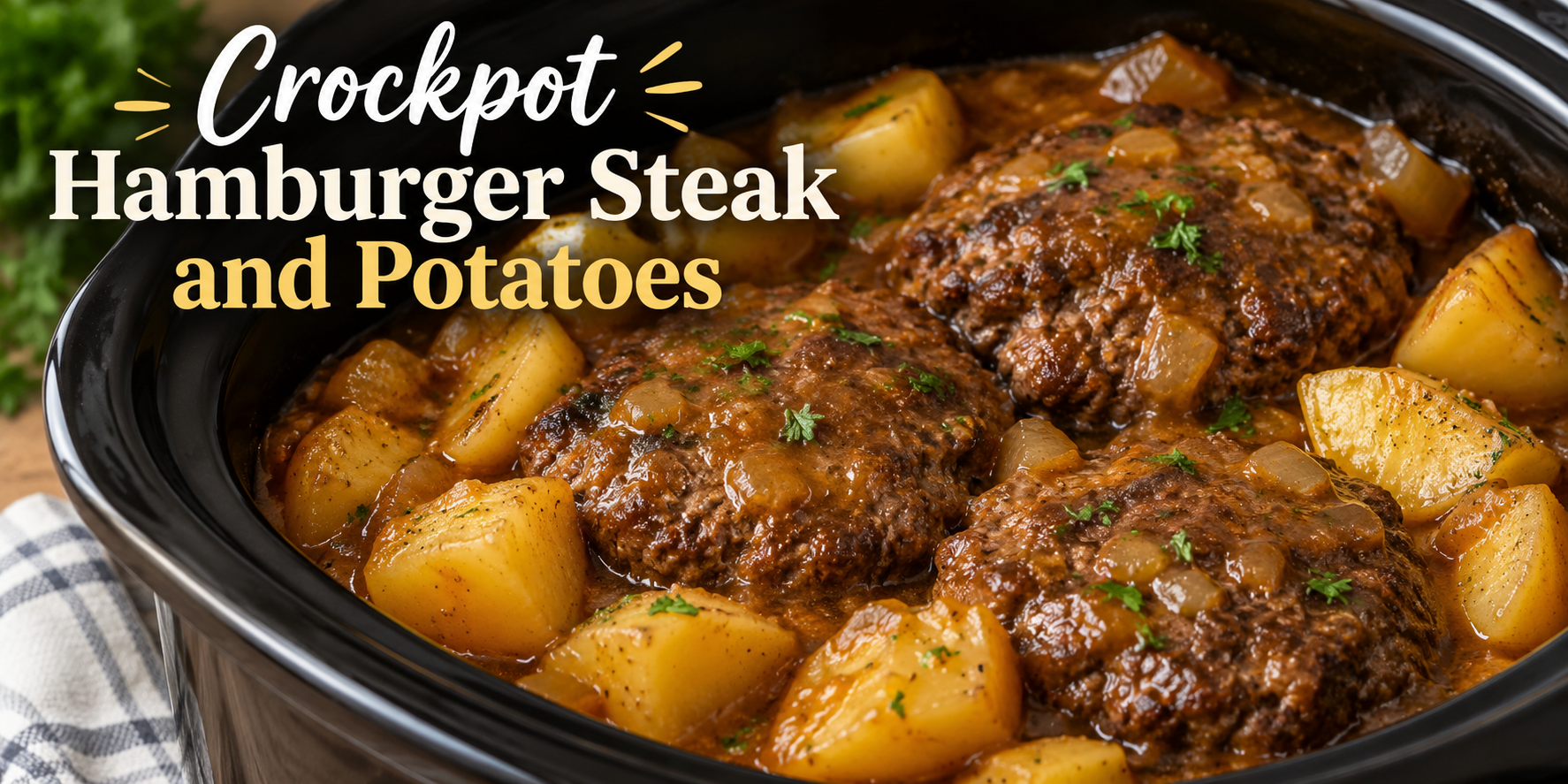 Crockpot hamburger steak and potatoes in rich brown gravy with onions and fresh herbs