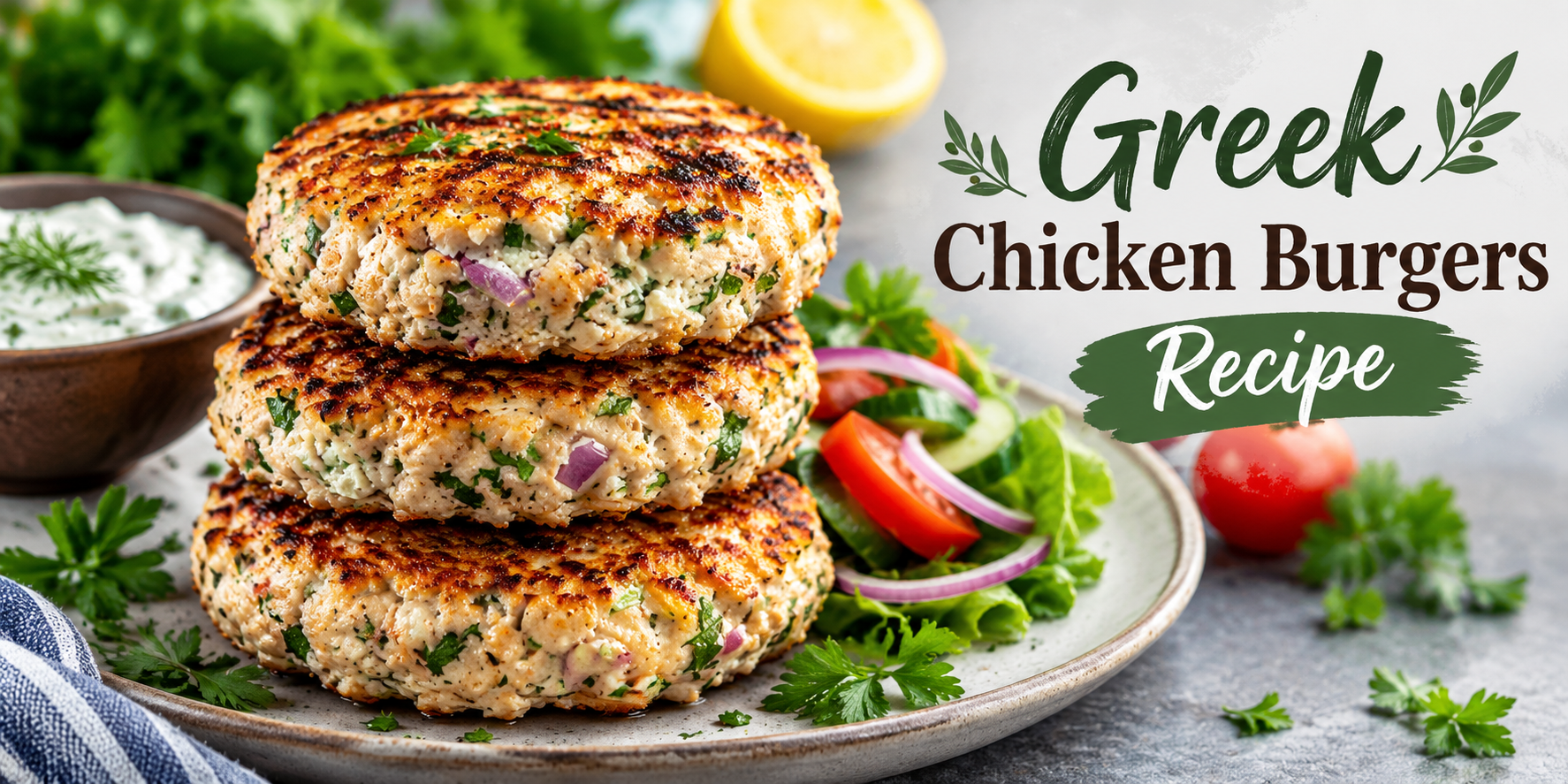 Juicy Greek Chicken Burgers with feta cheese, fresh herbs, and Mediterranean flavors.