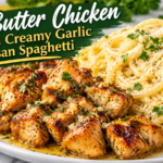 Garlic butter chicken bites with creamy garlic Parmesan spaghetti and fresh herbs