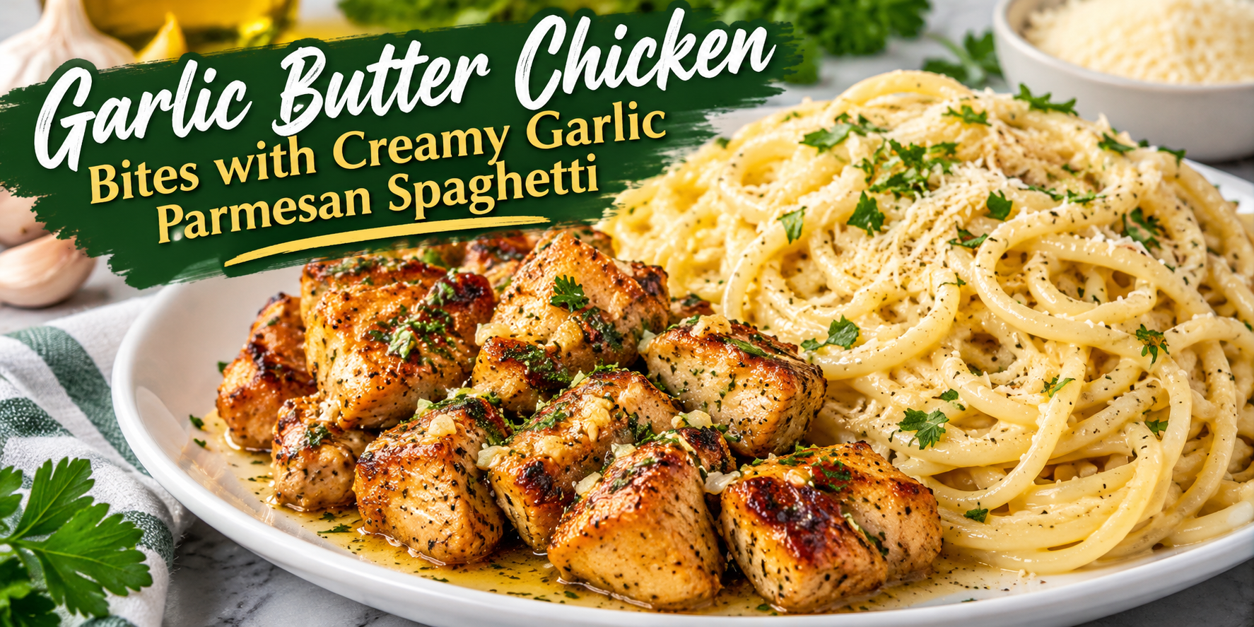 Garlic butter chicken bites with creamy garlic Parmesan spaghetti and fresh herbs